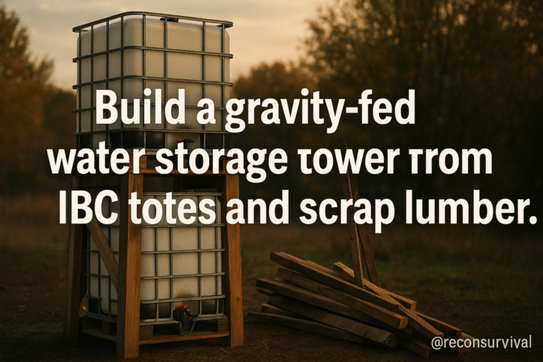 Build a gravity-fed water storage tower from IBC totes and scrap lumber.