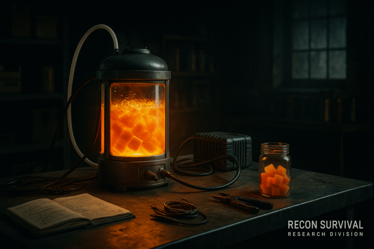 Cinematic laboratory scene with a glowing fruit bioreactor, CO₂ tubing, scientific notes, and a jar of processed mango biomass on a metal workbench.