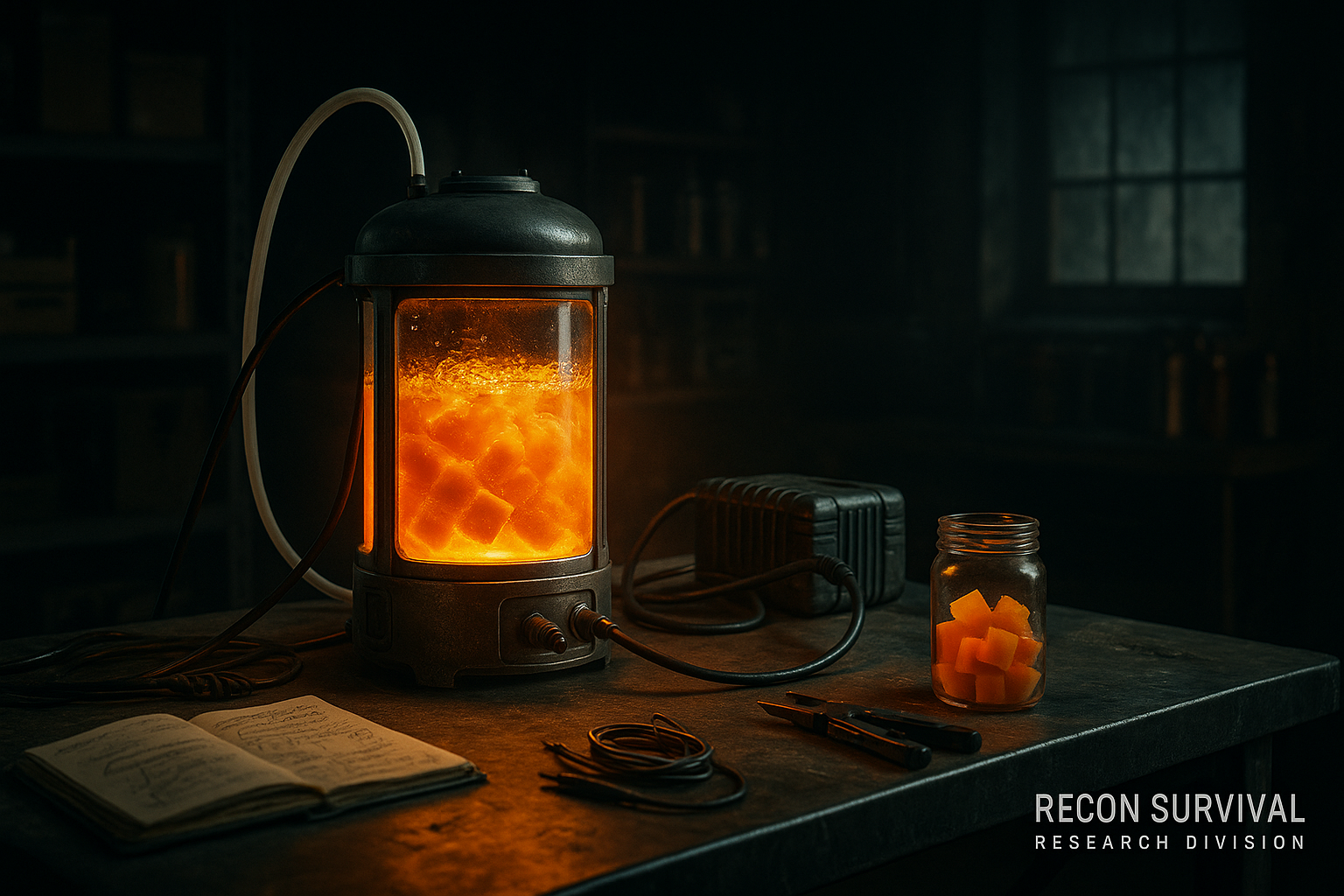 Cinematic laboratory scene with a glowing fruit bioreactor, CO₂ tubing, scientific notes, and a jar of processed mango biomass on a metal workbench.