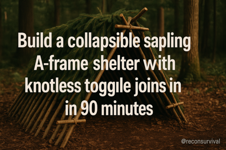 Build a collapsible sapling A-frame shelter with knotless toggle joins in 90 minutes