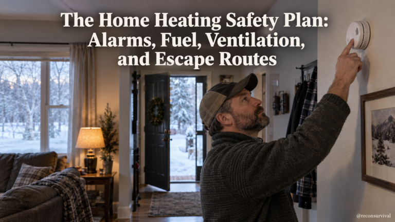 Homeowner checks a wall-mounted smoke alarm near an unobstructed doorway while preparing the home for winter.